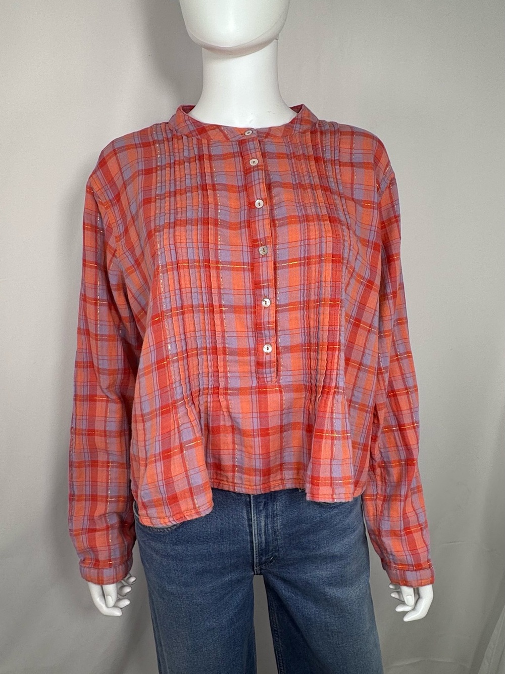 Natural Life Pink Plaid Montana Top With Gold Shimmer Size Large - EUC